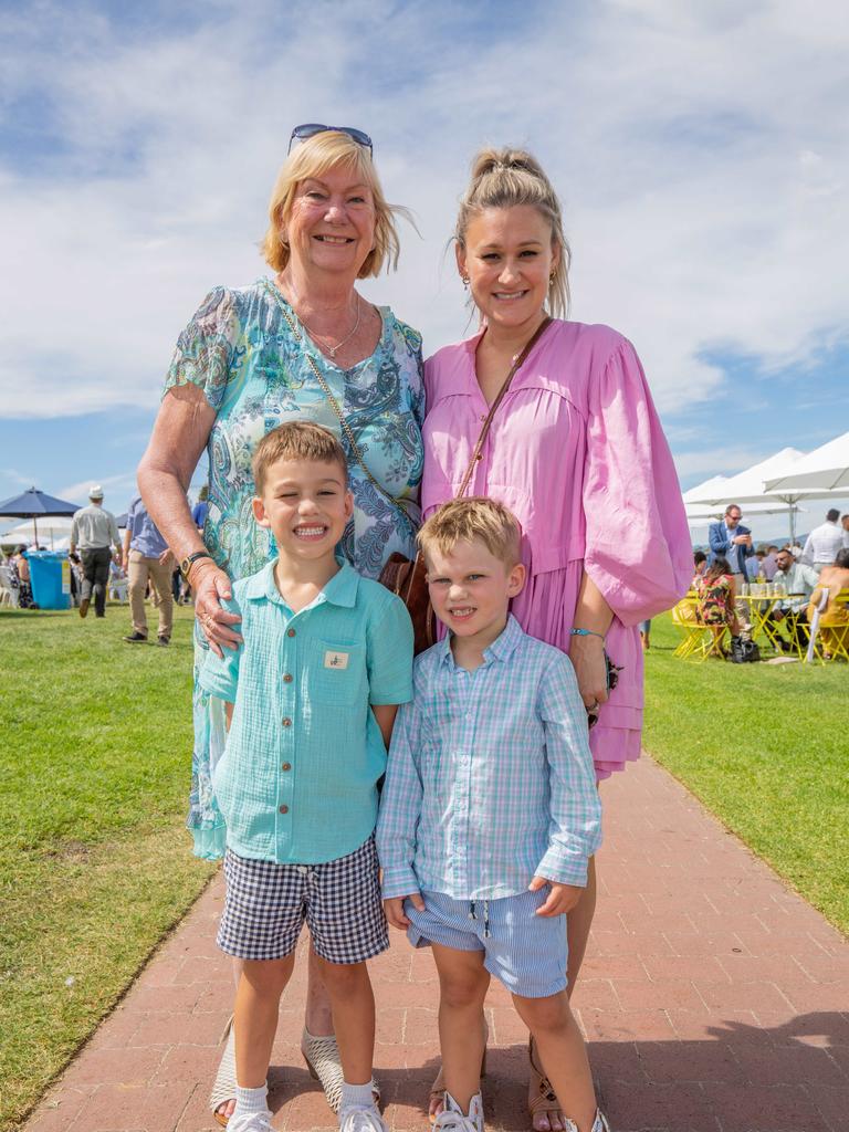 Helen Ridings, Sally Stefanopoulos, Jimmy and Max at the 2023 Adelaide Cup at Morphettville Racecourse. Picture: Ben Clark