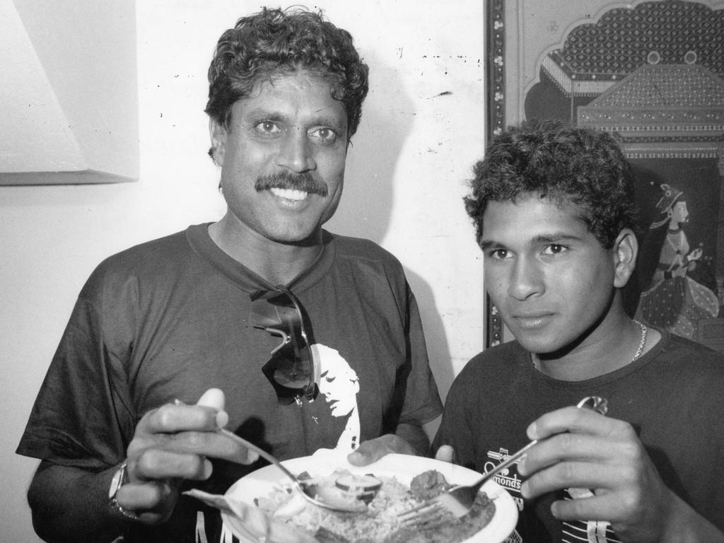 Indian cricketers Kapil Dev and Sachin Tendulkar dine at Jasmin restaurant in 1992.