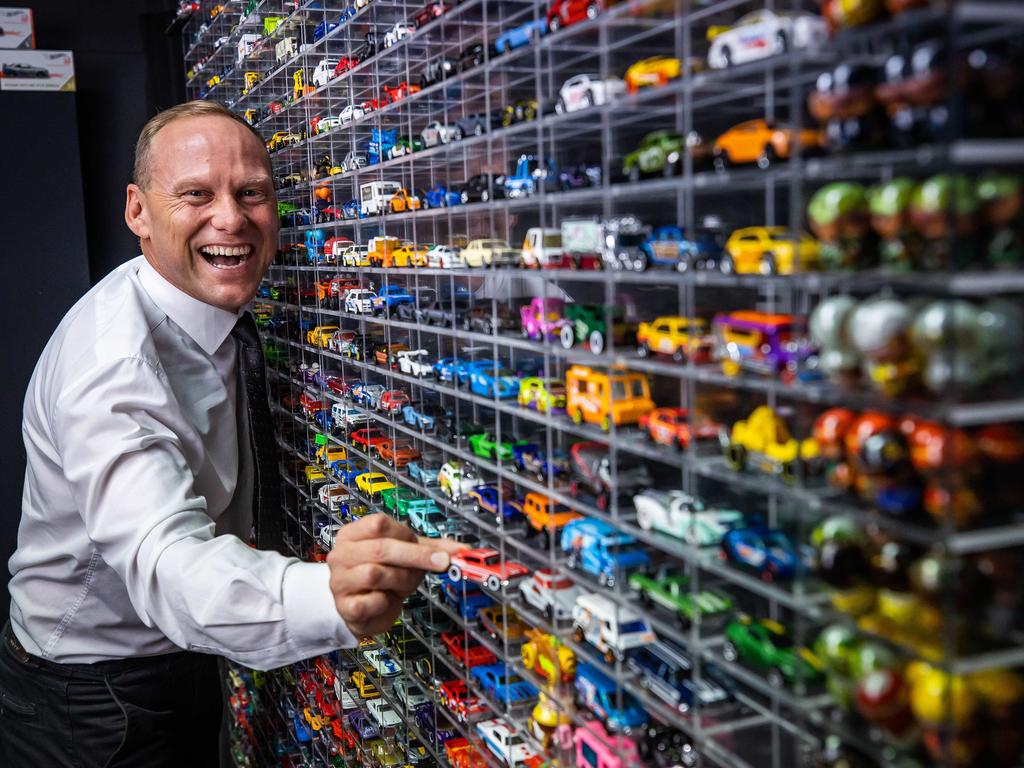 Drakes Supermarkets John-Paul Drake with his extensive toy car collection, pictured on March 31st, 2022, at one of his Adelaide offices.
Picture: Tom Huntley