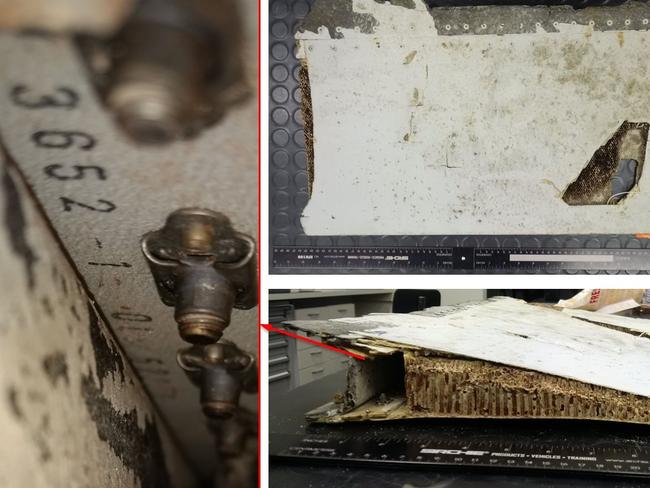 Australian air crash investigators have confirmed the aircraft part, a trailing edge splice strap from a Boeing 777 left outboard flap, is from MH370. Picture: AAP Image/Australian Transport Safety Bureau