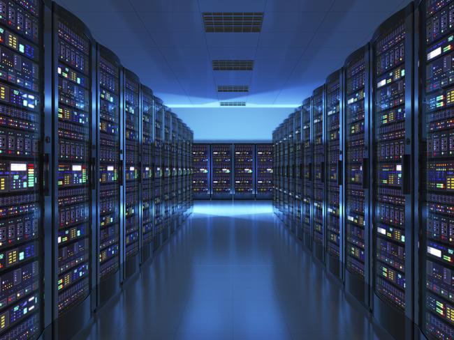 Modern web network and internet telecommunication technology, big data storage and cloud computing computer service business concept: server room interior in datacenter in blue light