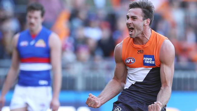 Jeremy Finlayson celebrates kicking a goal during the Giants Elimination Final against the Western Bulldogs. Picture: Mark Kolbe/Getty Images