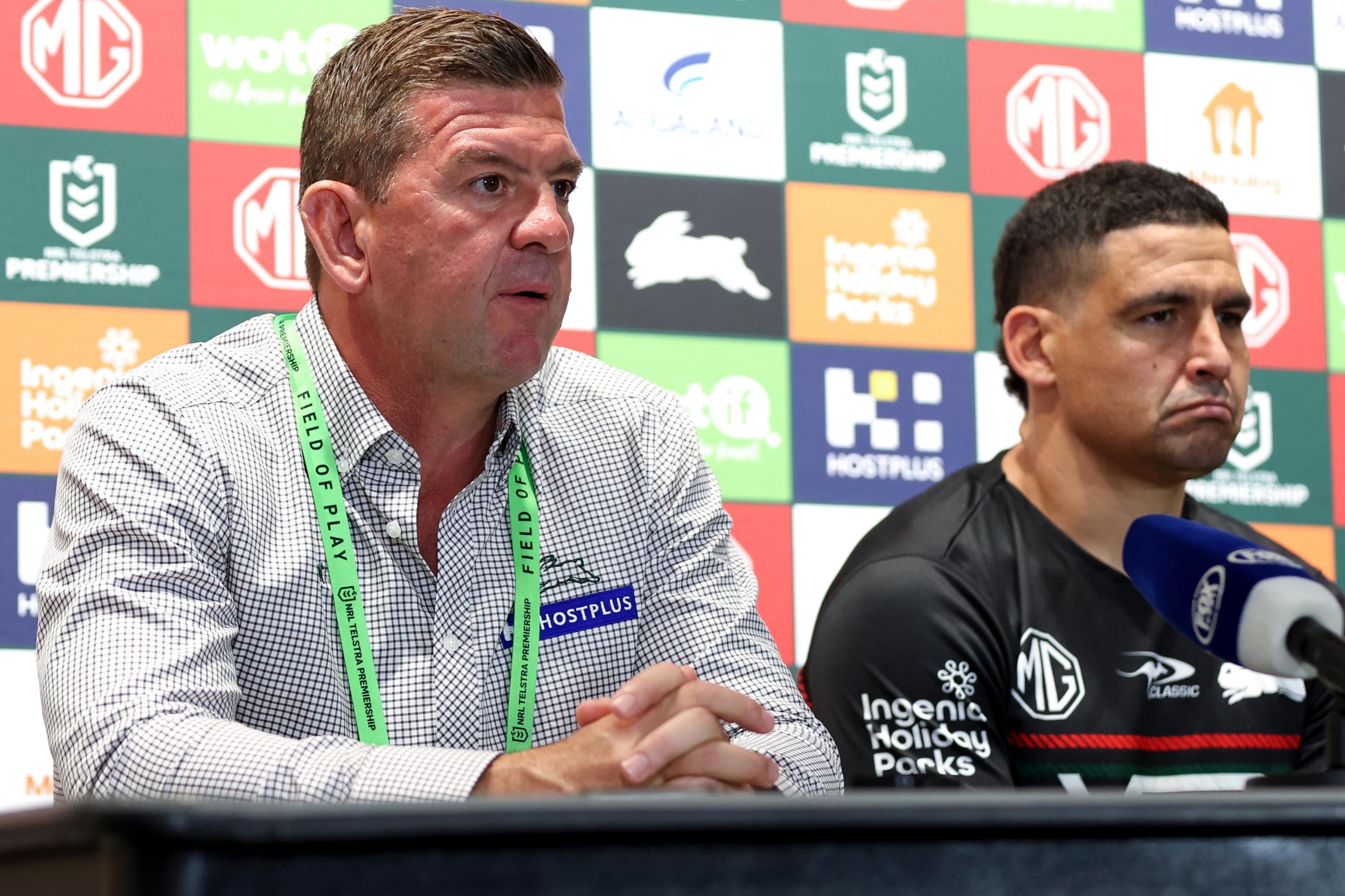 South Sydney’s loss has ratcheted up the pressure on coach Jason Demetriou (R). Picture: Getty Images