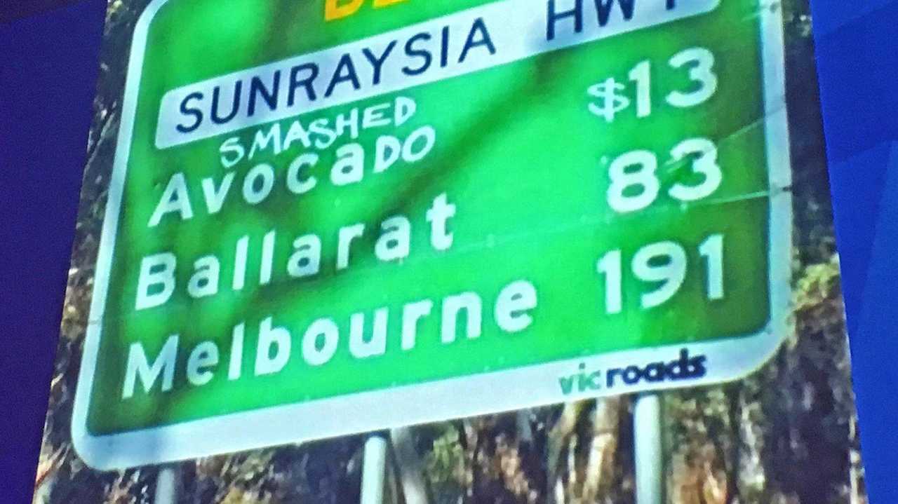 A roadside sign in Victoria, showing changed directions to the town of Avoca after demographer Bernard Salt's reference to smashed avocado and coffee in regard to the property market.