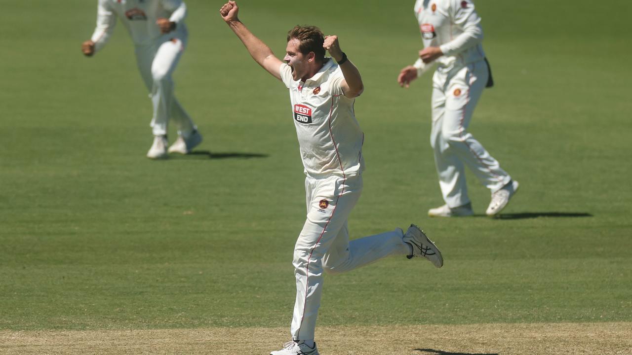 South Australia’s Liam Scott celebrates a wicket in the Sheffield Shield against Victoria. Picture: Daniel Pockett/Getty Images