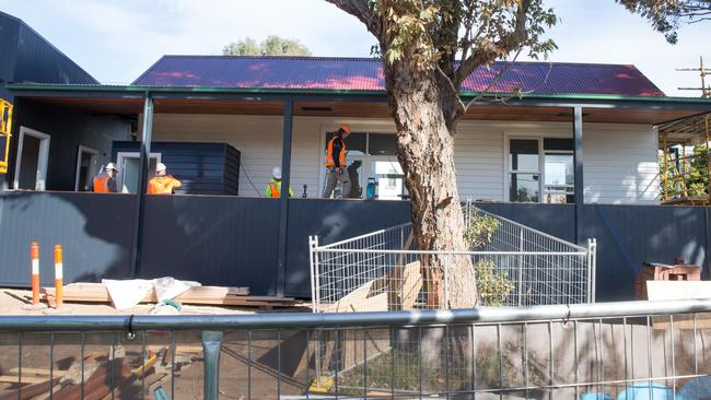 Builders at work on the Middle Park Tram Stop. Picture Norm Oorloff