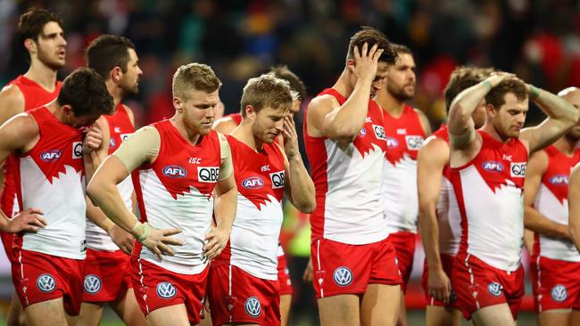 A dejected Swans team leave the ground after losing to Hawthorn.