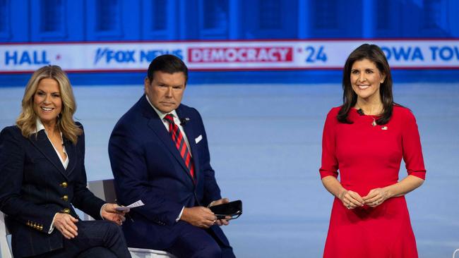 US Republican presidential candidate and former US ambassador to the UN Nikki Haley at a town hall meeting hosted by Fox News in Des Moines, Iowa, on Monday. Picture: AFP