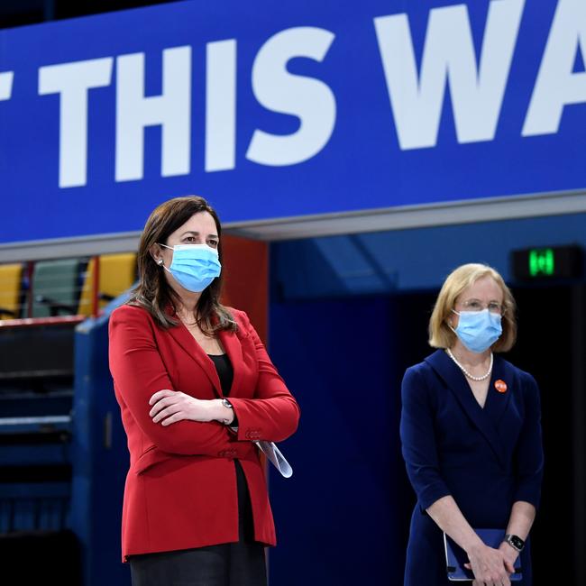 Queensland Premier Annastacia Palaszczuk and Chief Health officer Dr Jeannette Young are seen during a press conference at the newly opened Covid-19 community vaccination hub at the Brisbane Entertainment Centre in Boondall. Picture: NCA NewsWire / Dan Peled