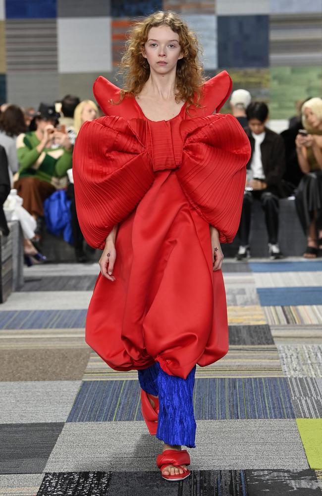 A red hot look from Jordan Dalah’s show. Picture: Getty Images