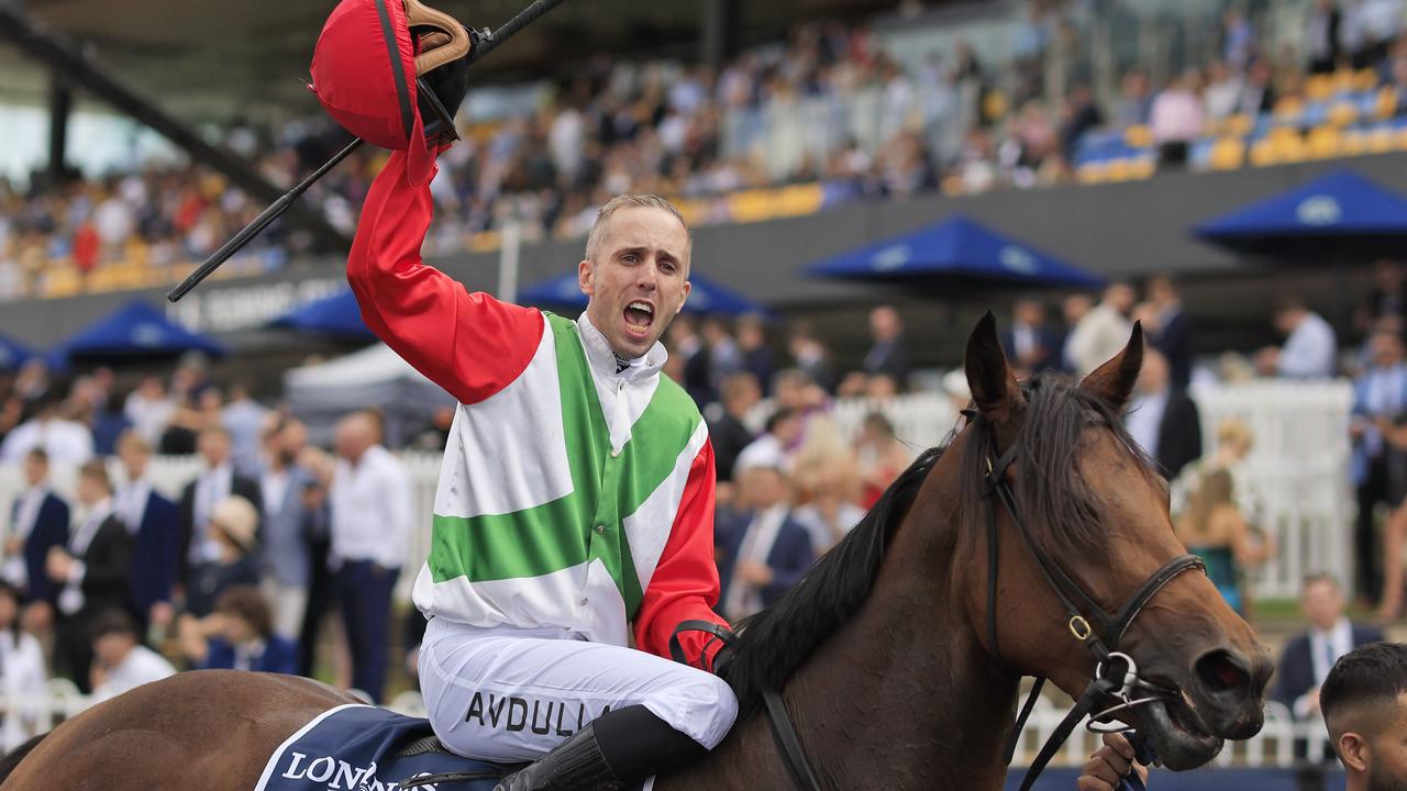 SYDNEY, AUSTRALIA - MARCH 19: Brenton Avdulla on Fireburn 
returns to scale after winning race 8 the Longines Golden Slipperduring Sydney Racing Longines Golden Slipper Day, at Rosehill Gardens on March 19, 2022 in Sydney, Australia. (Photo by Mark Evans/Getty Images)