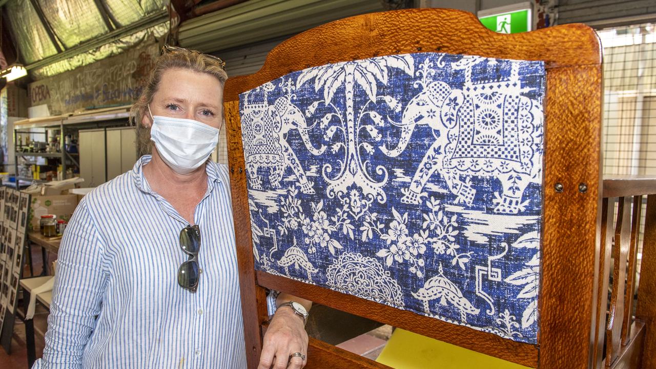 Fiona Brown with her piece from the Furniture upholstery and restoration class with Deka Design. McGregor Summer School at USQ. Friday, January 14, 2022. Picture: Nev Madsen.