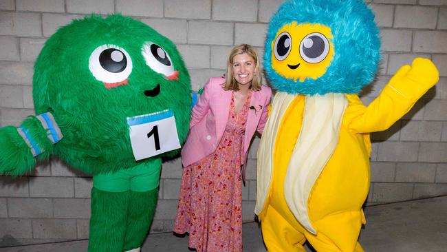 Shannon Fentiman with Podsquad mascots, who encourage children to build healthy eating habits. Picture: Richard Walker