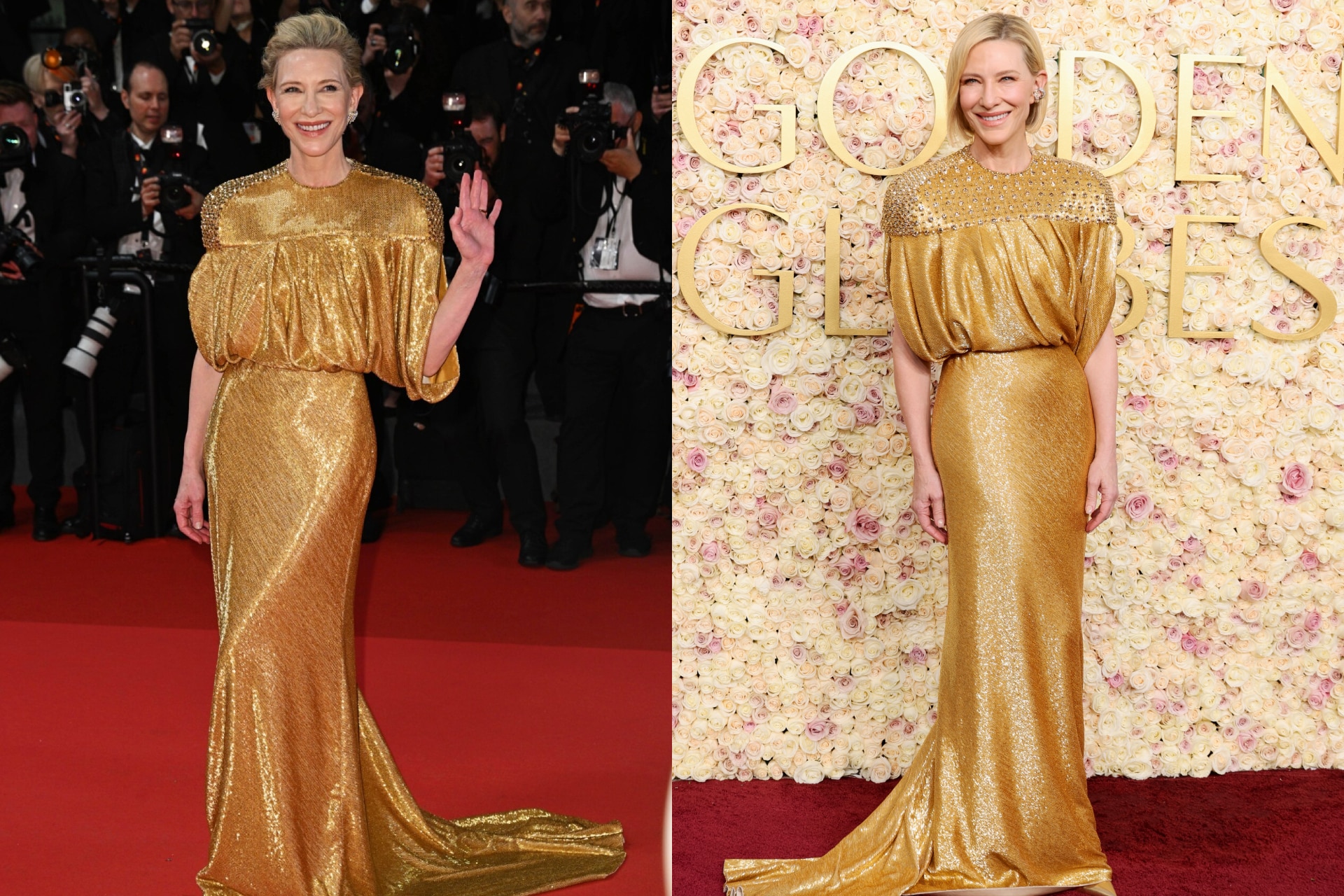 <p><strong>Custom Louis Vuitton at the 2024 Cannes Film Festival and the 2025 Golden Globe Awards</strong></p><p>Wowing in a glimmering gold custom gown by Louis Vuitton when she stepped out for the premiere of her comedy horror <em>Rumours</em> at the <a href="https://www.vogue.com.au/fashion/news/cannes-film-festival-2024-red-carpet/image-gallery/d69a4aaf3dfe2752184055f6b949b147" target="_blank" rel="noopener">2024 Cannes Film Festival</a>, Blanchett once again looked to the piece months later for her red carpet appearance at the 2025 Golden Globes, the look &mdash; which appears to have been updated with added embellishments &mdash; offering a sartorial nod to the show&rsquo;s iconic statuette.</p>