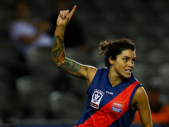 MELBOURNE, AUSTRALIA - SEPTEMBER 24:  Sophie Abbatangelo of Diamond Creek celebrates a goal during the VFL Women's Grand Final match between Diamond Creek and Darebin at Etihad Stadium on September 24, 2017 in Melbourne, Australia.  (Photo by Daniel Pockett/AFL Media/Getty Images)