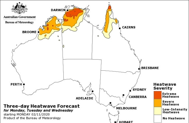 The heatwave situation for Monday, Tuesday and Wednesday. Picture: Bureau of Meteorology website