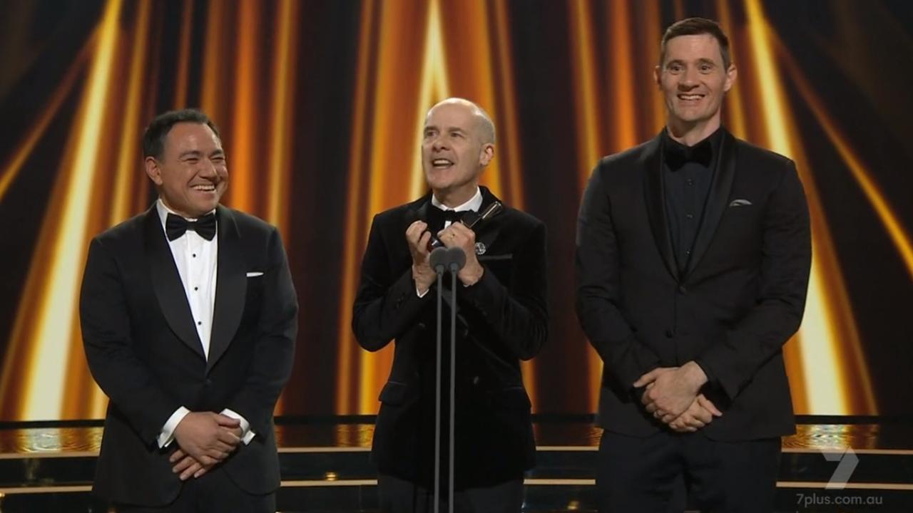 Sam Pang, Tom Gleisner and Ed Kavalee on stage to accept a Logie for Have You Been Paying Attention. Picture: Channel 7