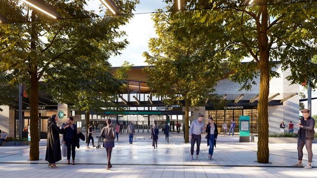 Renders of the brand new Bankstown station. Plaza entry view to Sydney Metro Bankstown.