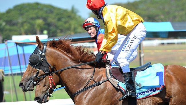 Winning jockey Richie Oakford chatting with fellow hoop Wayne Davis aboard Noble Success following Bombers' victory in the opening race at Fannie Bay yesterday.  Picture: Justin Sanson