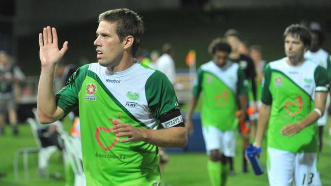 North Queensland Fury against Melbourne Victory at Dairy Farmers Stadium. Fury's Gareth Edds thanks fans after the game.