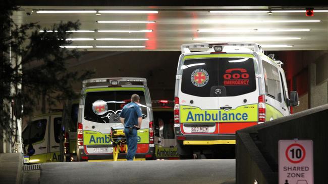 Ambulances queue on the ramp outside Gold Coast Hospital Accident and Emergency at Parkwood.