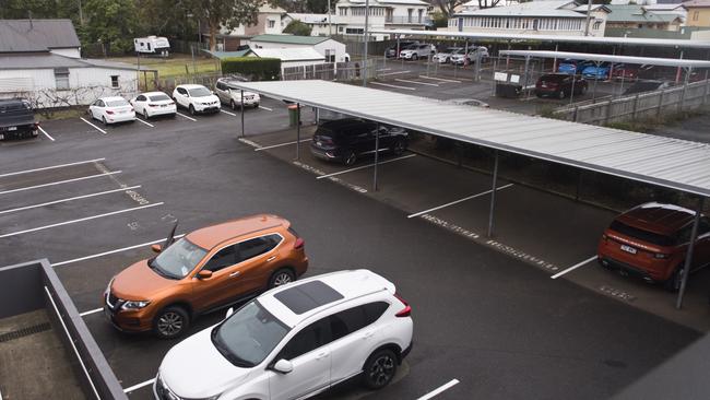 162 Hume St coming up for sale. A view of the 74 car parks at the rear of the building.
