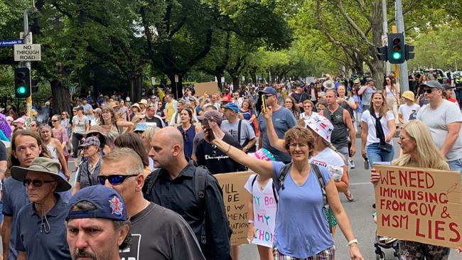 Protesters march along St Kilda Rd. Picture: Caroline Schelle