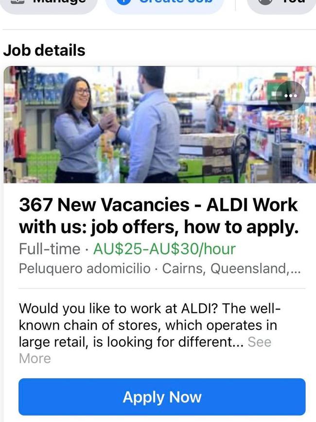 A job advertisement purporting to be from Aldi has caused confusion in Cairns. Picture: Supplied