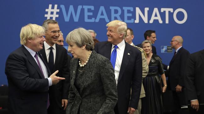Happier times? Then-British Foreign Minister Boris Johnson, British Prime Minister Theresa May and US President Donald Trump meet at a NATO summit in May, 2017. Photo: AP
