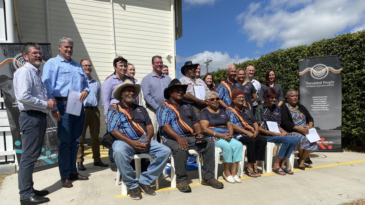 Water Minister Glenn Butcher and SunWater CEO Glenn Stockton signed an Indigenous Land Use Agreement with local Darumbal elders for the usage of water from Rookwood Weir.