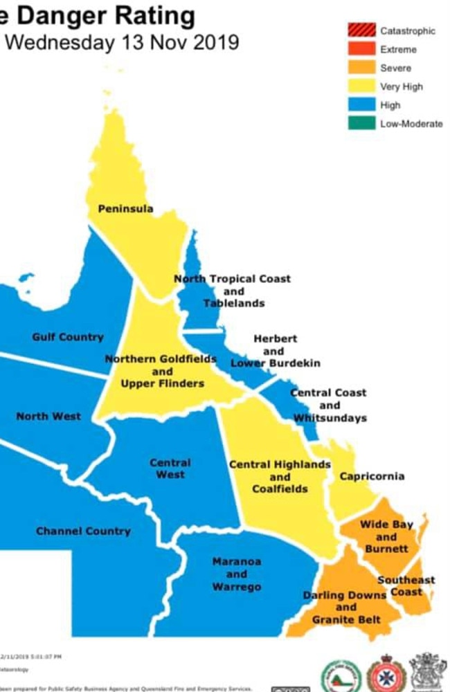 The fire threat is sitting between high and severe across the entire state. Picture: Queensland Fire and Emergency Service