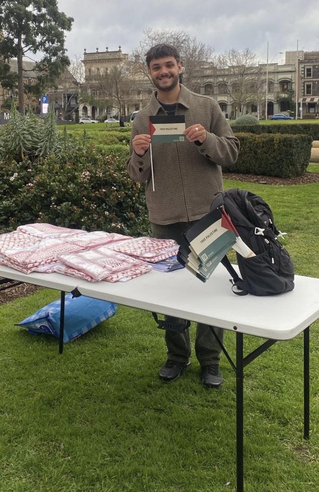 UniMelb for Palestine was handing out keffiyehs outside the Royal Exhibition Building on Friday, where University of Melbourne graduations were being held. Picture: Instagram / UniMelb for Palestine