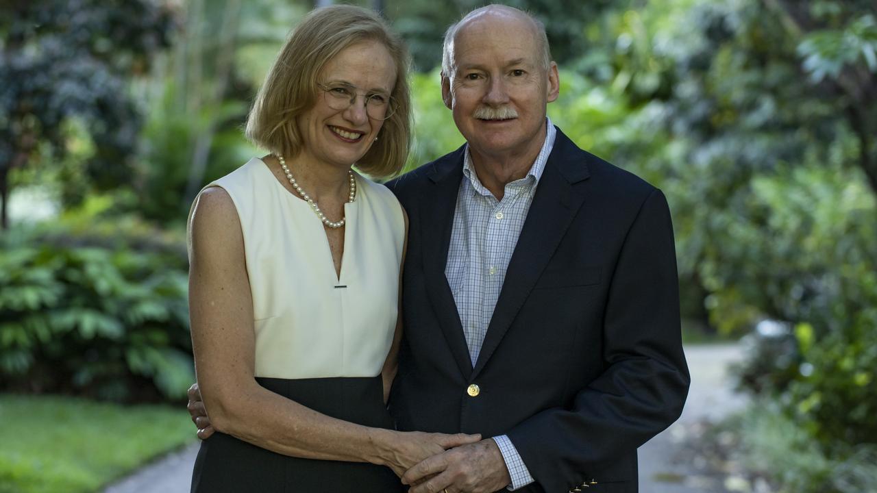 Queensland’s Chief Health Officer Dr Jeannette Young with her husband of 20 years, Professor Graeme Nimmo in Brisbane’s City Botanic Gardens. Photo: Mark Cranitch.