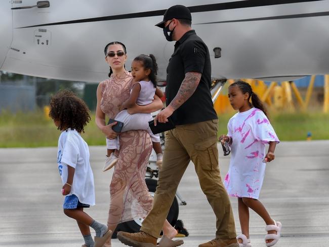 Kim Kardashian with her children North, Saint, Chicago, and Psalm in Miami. Picture: SBMF/Backgrid