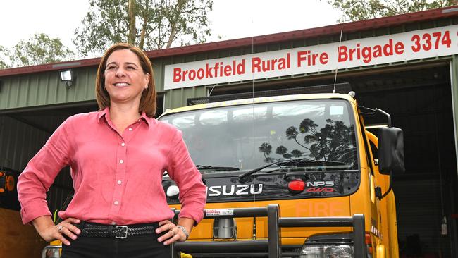 LNP leader Deb Frecklington launching a 10-point bushfire plan at Brookfield Rural Fire Brigade. Picture: AAP/John Gass