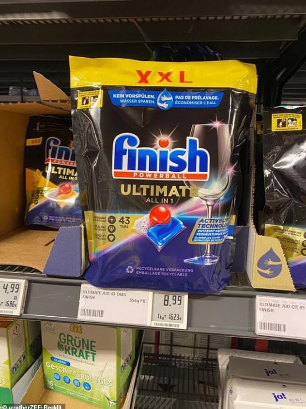 A huge bag of high-end dishwasher tablets costs just $14.91 in Germany. Picture: Reddit.