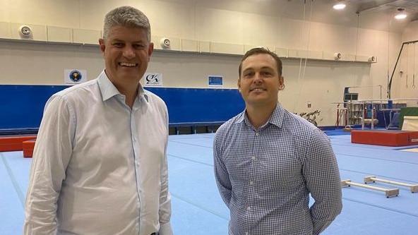 Queensland sports Minister Stirling Hinchliffe with Gymnastics Queensland CEO Chris Rushton at the High Performance Centre in March. Picture: Facebook