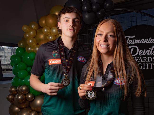 Tasmania Devils Coates Talent League best and fairest winners, Geordie Payne and Meg Harrison. Picture: Linda Higginson