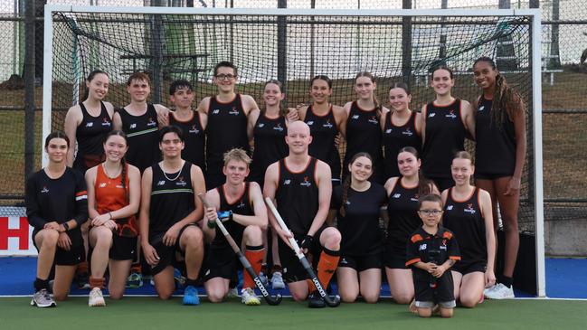 Members of the NT under-18s Boy's and Girl's state team ahead of the 2024 Nationals on the Gold Coast, Qld. Picture: Elle Richardson/NT Hockey.