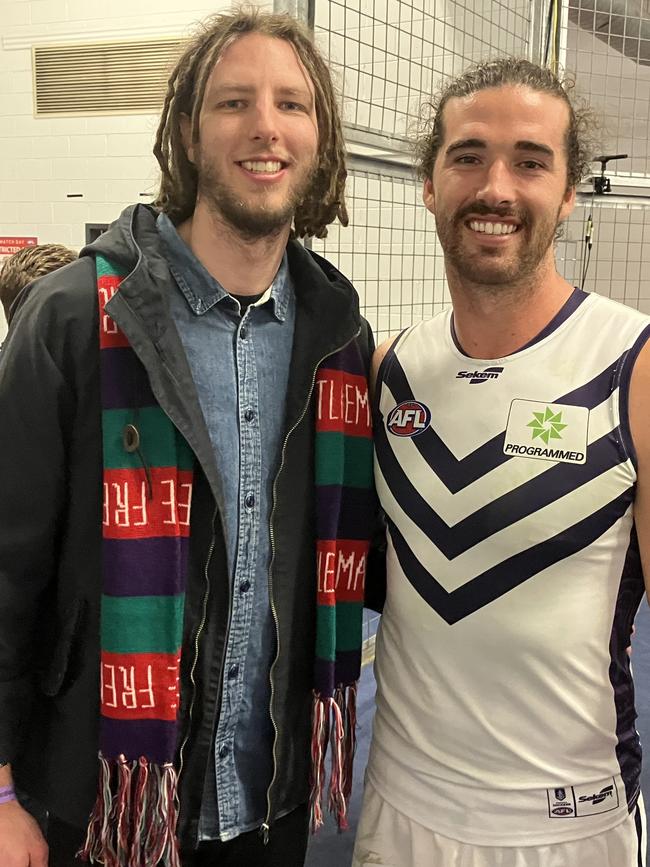 Moller caught up with best mate Pearce this year, following the Dockers’ round 23 clash with Hawthorn at the MCG. Picture: Supplied
