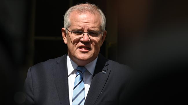 Prime Minister Scott Morrison speaks to the media during a press conference at Kirribilli House on Sunday morning. Picture: Flavio Brancaleone