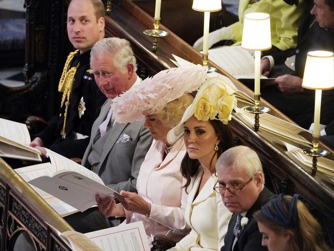 Prince William, Prince Charles, Camilla, the Duchess of Cambridge, Prince Andrew and Princess Beatrice inside the chapel. Picture: AP