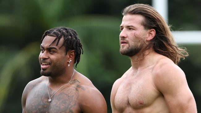 Ezra Mam and Patrick Carrigan at training with the Brisbane Broncos at Red Hill in Brisbane. Pics Adam Head