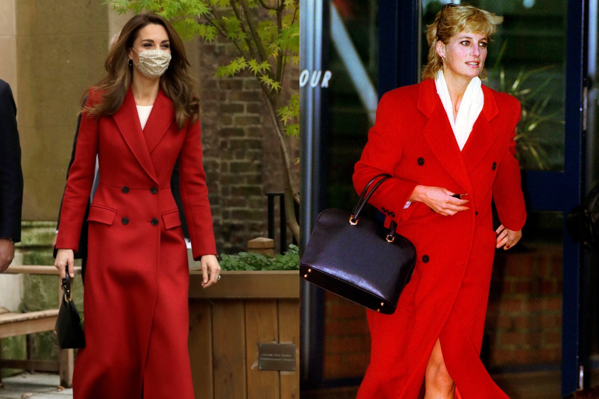 <h2>Princess Kate (2020) and Princess Diana (1996)</h2><p>The double-breasted longline coat, the contrast black buttons&mdash;every feature on the Duchess of Cambridge's Alexander McQueen coat during an outing in London, to mark the launch of photography project 'Hold Still', was eerily similar to the plethora of red coats Princess Diana herself wore, especially a piece in 1996 that she paired with a white scarf and sneakers.</p>