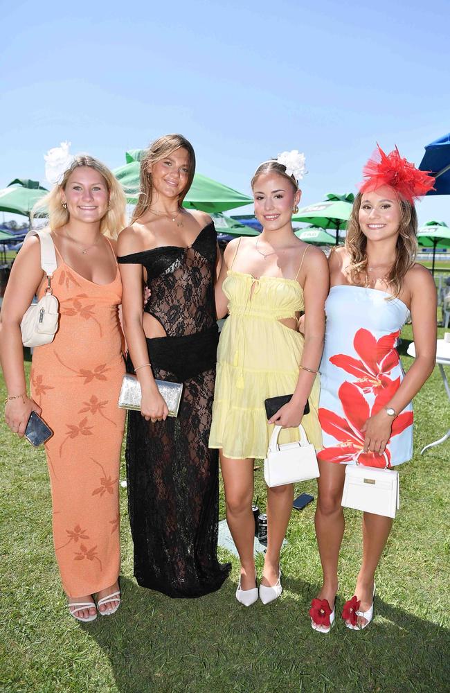 Macy Hunt, Zoe Devine, Ava Campbel and Lura Covey out and about at Corbould Park for the Melbourne Cup Race Day in Caloundra. Picture: Patrick Woods.