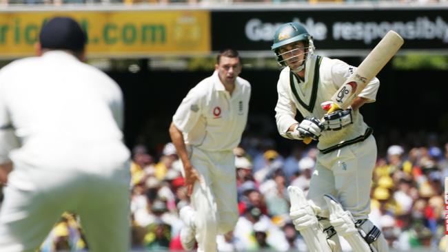 Justin Langer watches on as Steve Harmison sends the first ball of the 2006/07 Ashes series to second slip.