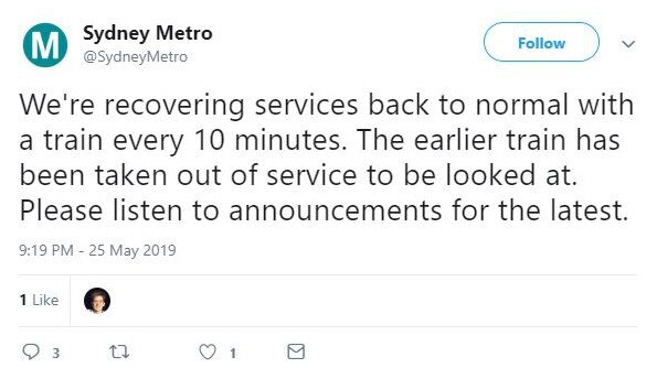 The Sydney Metro, Sydney's first driverless train, has had a malfunction on its first day of operation. Picture: Twitter