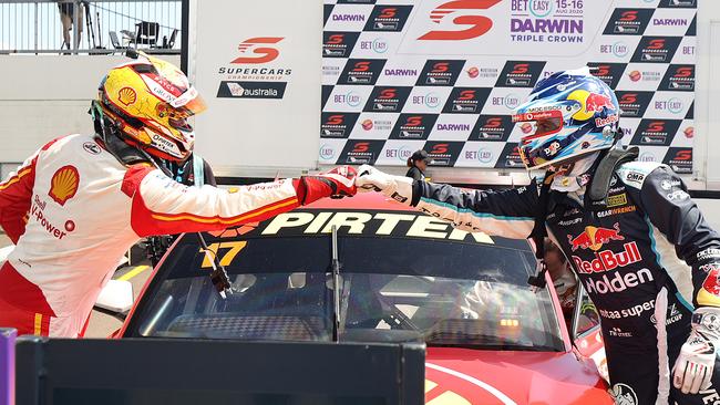 Scott McLaughlin and Jamie Whincup acknowledge each other after race 14, during the last Darwin Triple Crown. (Photo by Handout/Mark Horsburgh/Edge Photographics via Getty Images )