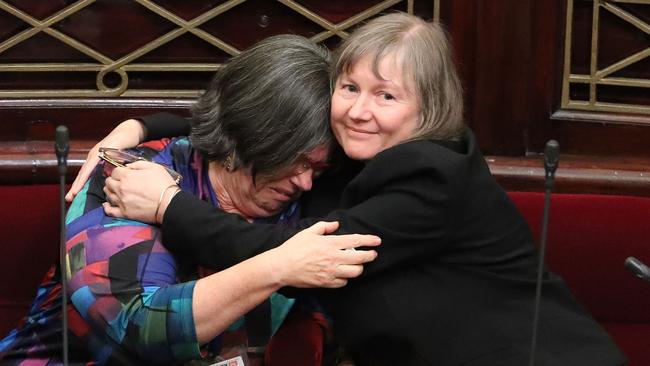 Colleen Hartland MP is congratulated as the bill passes inside of the Parliament of Victoria on November 22, 2017 in Melbourne, Australia. Picture: Scott Barbour