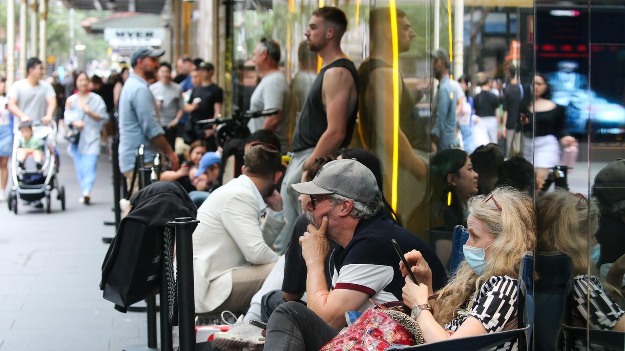 People queue outside the Swatch store for the last Moonshine watch in the annual series of 12 watches. Picture: NCA NewsWire / Gaye Gerard